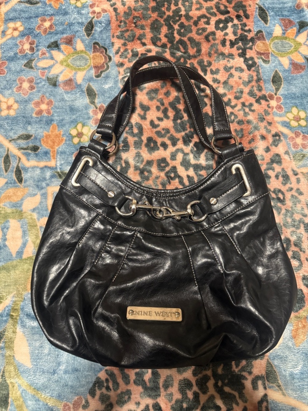 Y2K Nine West Black Vintage Leather Hobo Shoulder Bag with Silver Hardware